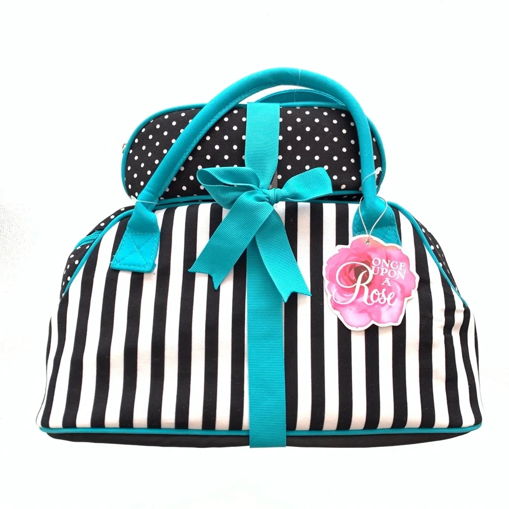 Once Upon A Rose Striped and Polka Dot 2-Piece Fabric Cosmetic Bag Travel Set